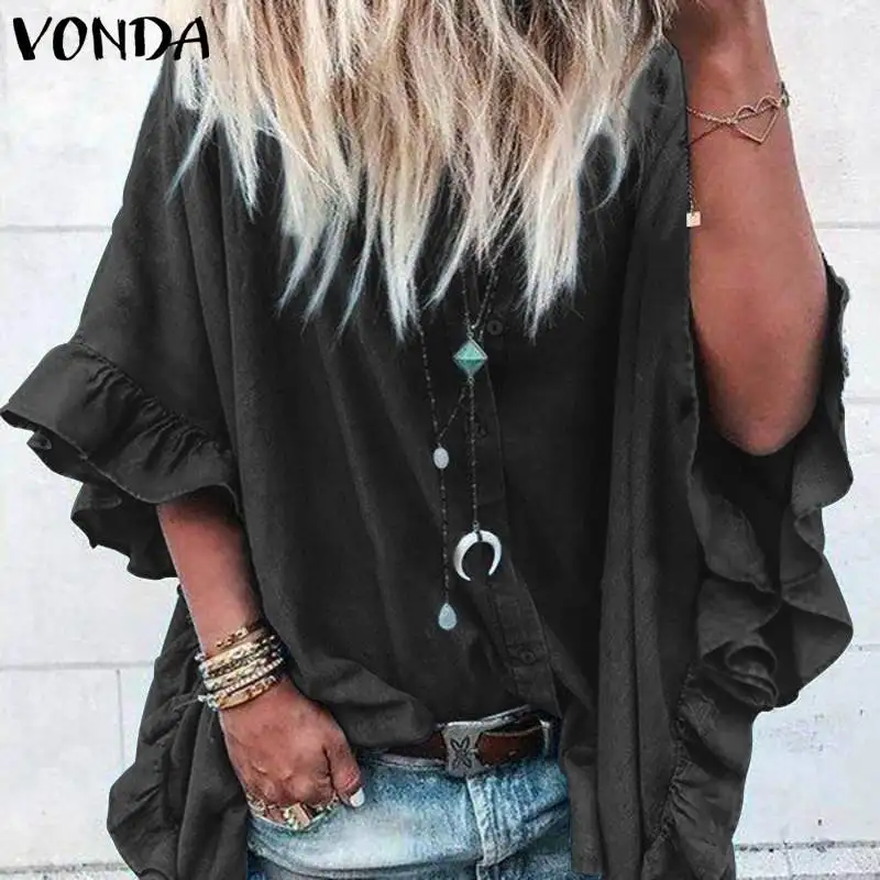  VONDA Blouses Women Casual Lapel Neck Buttons Half Sleeve Ruffle Blusas Office Ladies Shirts Tunic 