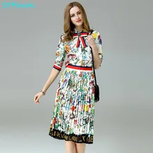 Womens Designer Runway 2017 Two Piece Set Flower Floral Print Bow Tops And Blouses + Knee Length Black White Midi Pleat Skirt