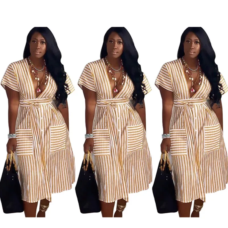 

Summer Women's Fashion Dresses Batwing Short Sleeves Striped Deep V-neck Office Lady Dress with Belt Large Pockets Knee Length
