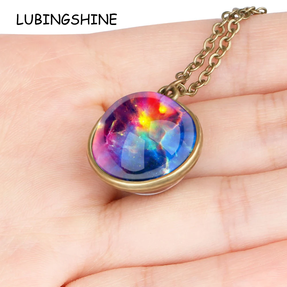 

Nebula Galaxy Double Sided Ball Pendant Luminous Necklace Universe Planet Glass Handmade Statement Jewelry Art Picture Gift