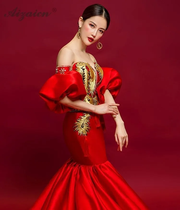 Модные красные без плечо длинный Cheongsam платья Chinoise Русалка этап шоу платье Ци Пао Для женщин Китайский вечернее платье Хост Qipao