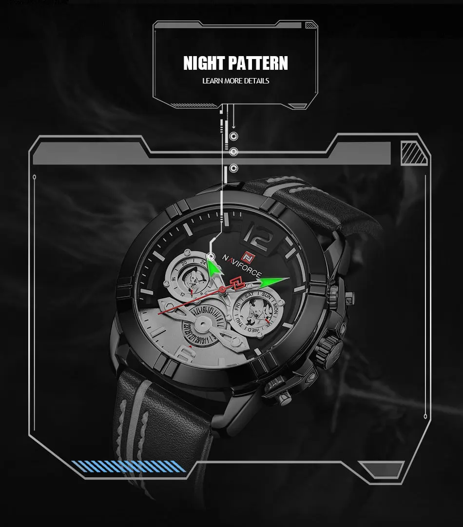 NAVIFORCE Мужская Мода Спортивные часы Водонепроницаемый кожаный ремешок Творческий аналоговый Кварцевые наручные часы Для мужчин часы Relogio Masculino