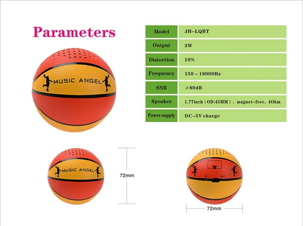 Музыка Ангел JH-LQBT Мини Баскетбол супер бас mp3 плеер Hi-Fi Bluetooth колонки Поддержка громкой связи ответ на телефонный звонок для телефона