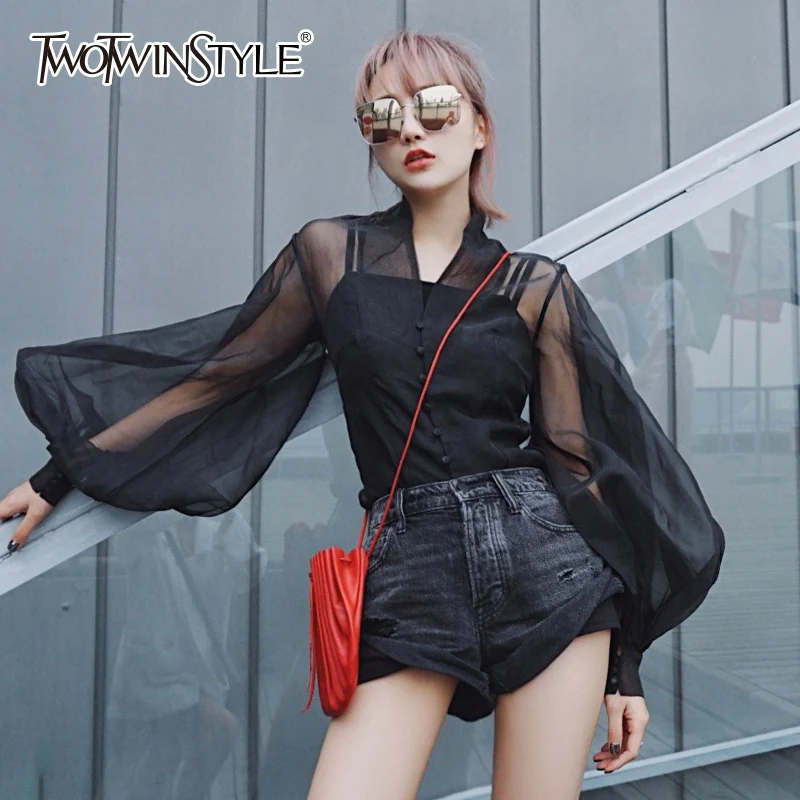 

TWOTWINSTYLE Tulle Patchwork Shirt Female Stand Collar Lantern Sleeve Slim Blouse Summer Fashion Vintage Tops Clothing 2019
