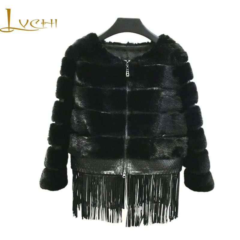 

LVCHI 2019 China Real Mink Fur Coats Women's Coat Full Pelt O-Neck Tassel Causal Black Color Wave Cut Jacket Slim Mink Fur Coats