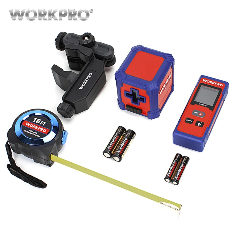 

WORKPRO 3PC Measure Tool Set 20M Laser Rangefinder Cross Link Laser Level 16FT/5M Tape
