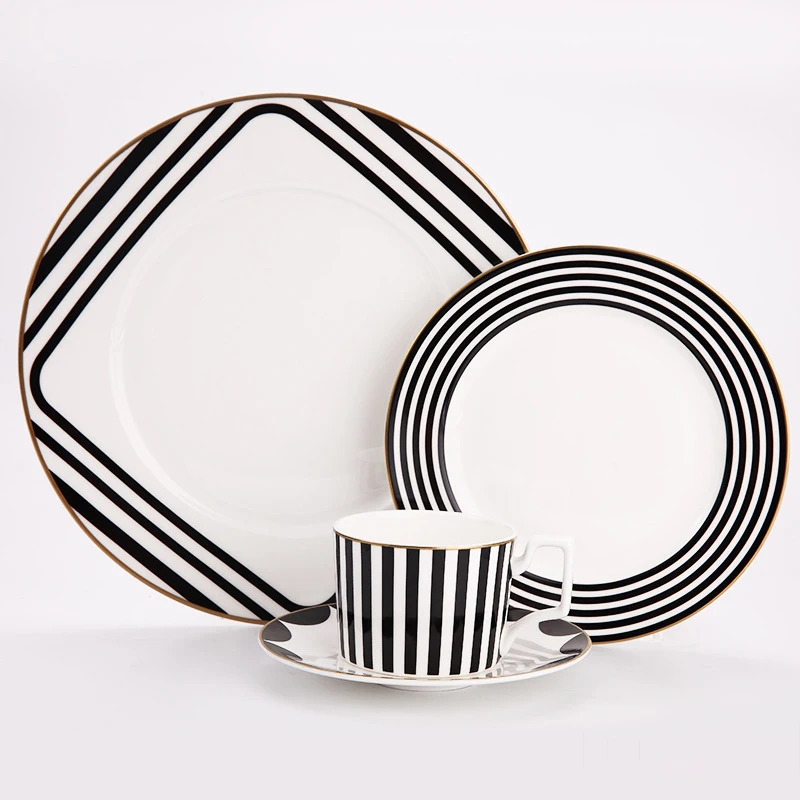 

Tableware Set Bone China Black And White Stripe Design 10inch Flat Steak Plate Coffee Cup And Dish Dessert Tray Drinkware Set