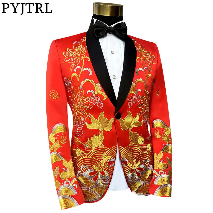 PYJTRL мужской платок лацкан китайский Стиль вышитые Slim Fit Blazer Дизайн красные, черные для певицы для сцены костюм Блейзер для Для мужчин