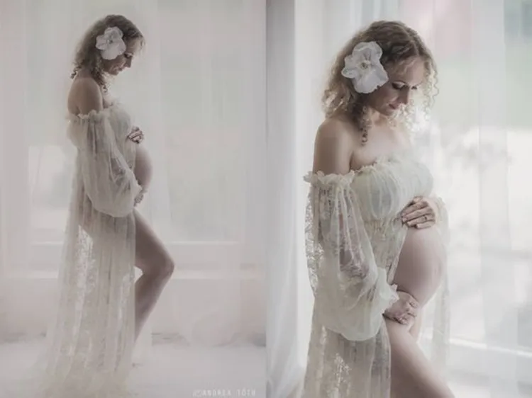 Эластичные кружева платья для беременных оборками Высокая Разделение спереди для беременных фотографии платье Slash шеи Макси Беременность платье DS19
