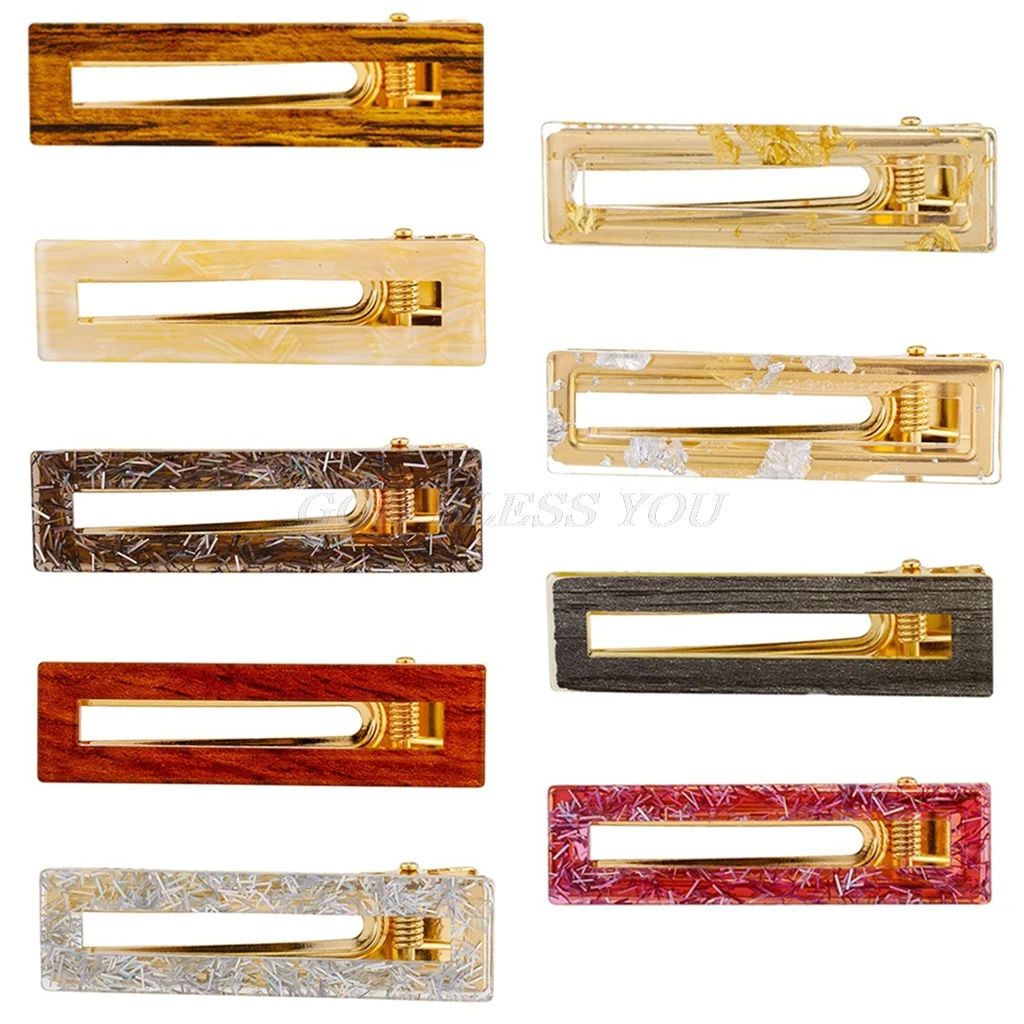 

Minimalist Women Hollow Rectangle Acetate Hair Clip Holographic Sequins Wood Grain Texture Hairgrip Side Bangs Styling Barrettes