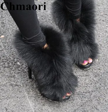 

Free Shipping 2017 Woman Fox Hair Ankle Boots Fashion Peep Toe Sandals Boots Female Platform Shoes Woman High Heels Boots