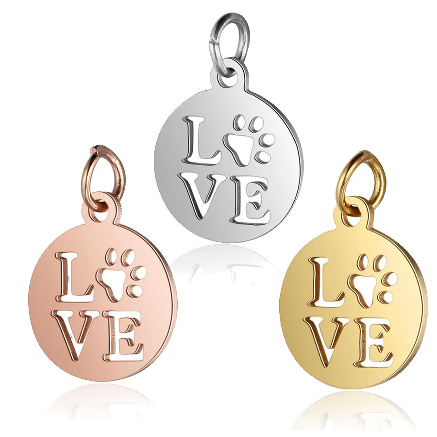 

12*17mm Polished Stainless Steel Love Heart Charms for Jewelry Accessories DIY Necklace Bracelets Keychain Dog claw Round Tag