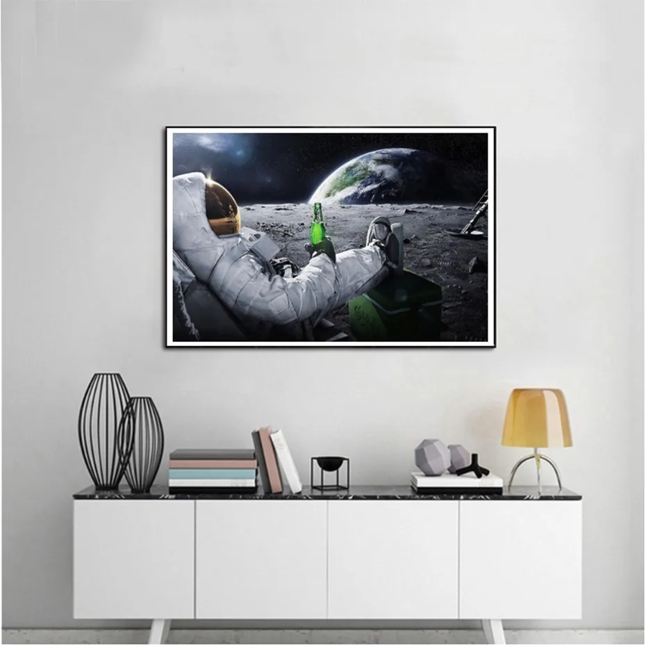 Us 479 40 Offsure Life Creatively Astronaut Drink Beer On Moon Canvas Printing Paintings Poster Wall Art Pictures For Living Room Home Decor In