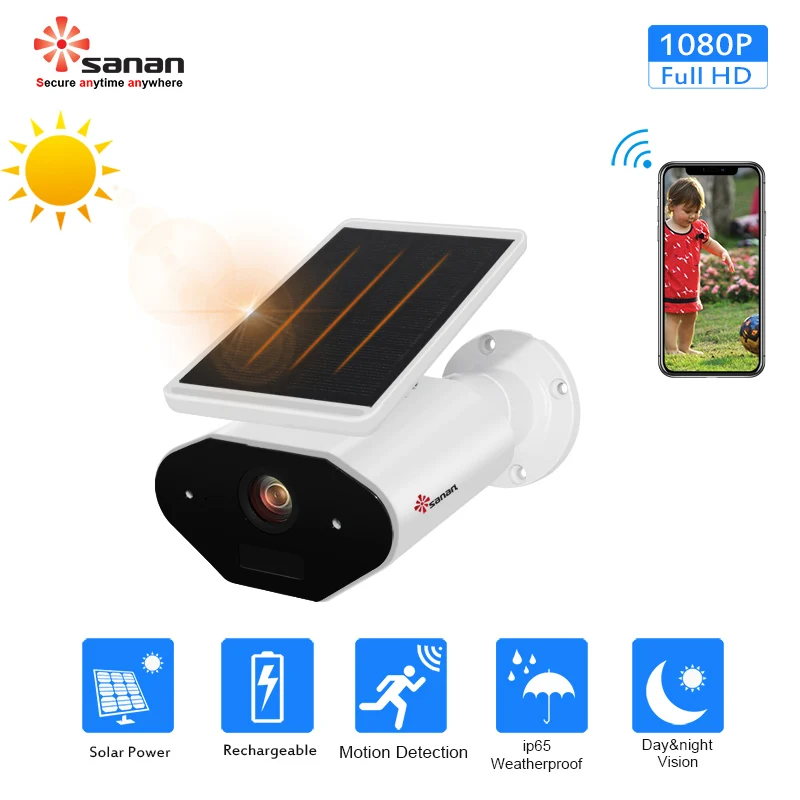 

Sanan Waterproof Outdoor Security Camera Solar Battery Powered Wireless IP Camera PIR Alarm 1080P Wifi Camera Remote Control