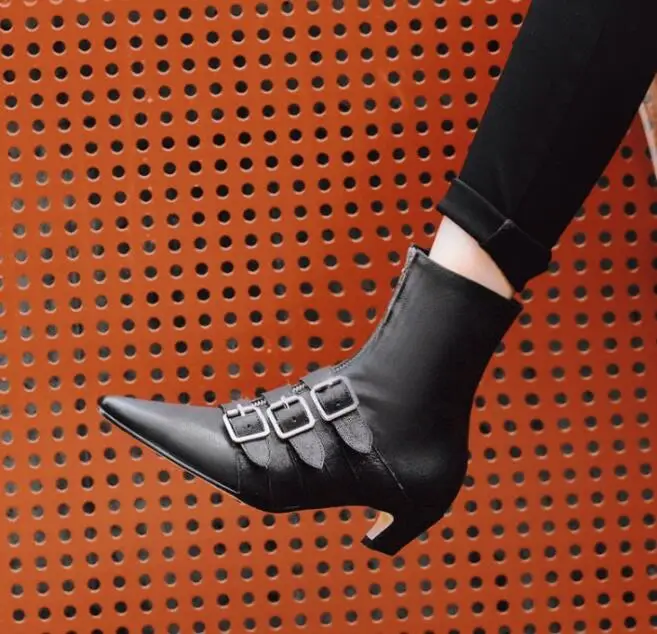 

Dipsloot Hot 2019 Women 3 Buckles Embellished Low Heels Ankle Boots Ladies Pointed Toe Solid Casual Shoes Woman Front Zip Shoes