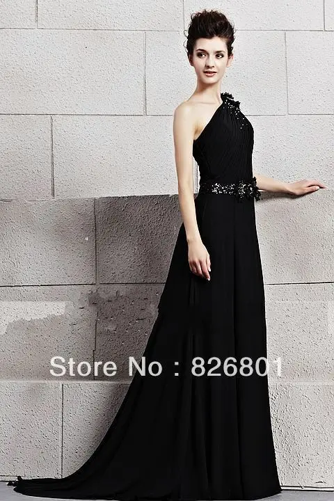 Free Shipping New Arrival Custom Made!A-line Beaded One Shoulder black Elegant Long Chiffon Evening Dresses Formal | Свадьбы и