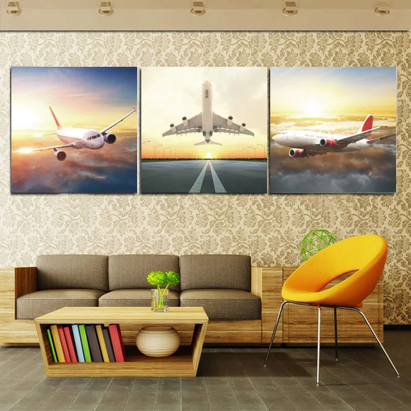 3 Panels Wall Art Home Decor Wall Picture Print Modern Airplane Combination Sunsets Painting Canvas Modern Abstract Unframed