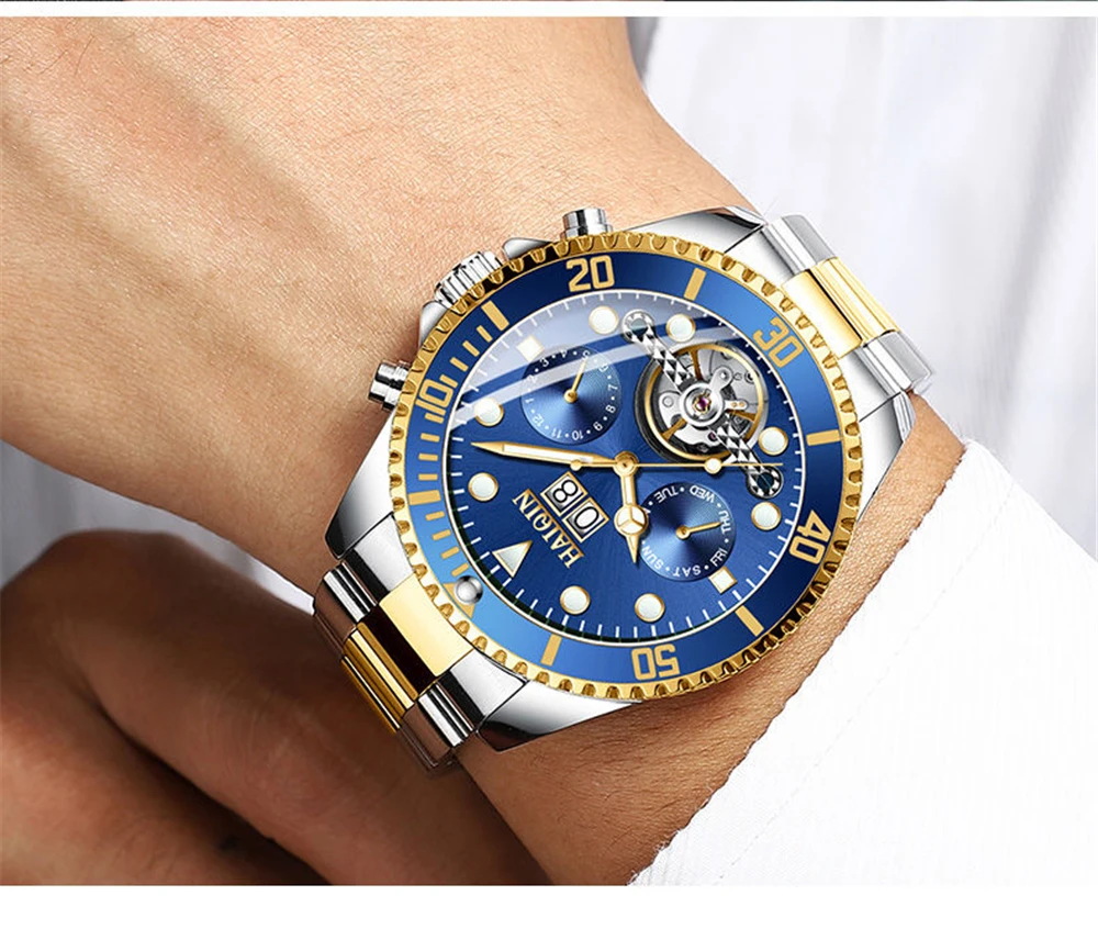 relógio ouro tourbillon aço completo masculino à