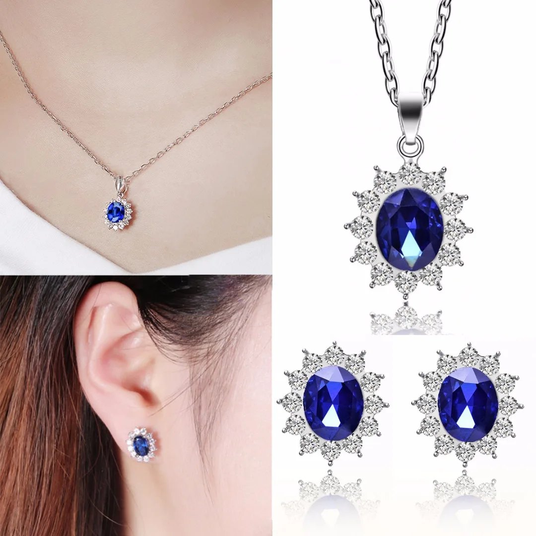 Women's Gorgeous Sapphire Flower Crystal Necklace Stud Earrings Jewelry Set