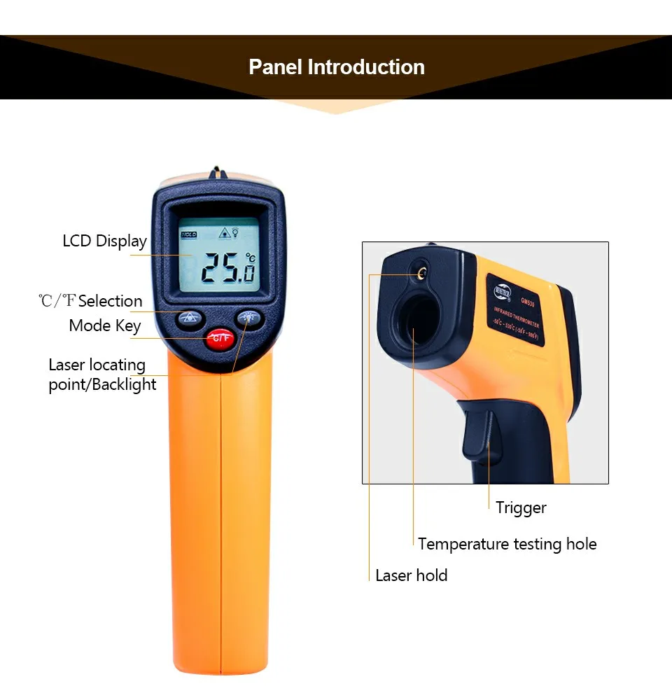 Цифровой Термометр Пистолет Бесконтактный лазерный измеритель температуры тестер GM530-50~ 530C(-58~ 875F) ИК лазерный точечный пистолет пирометр