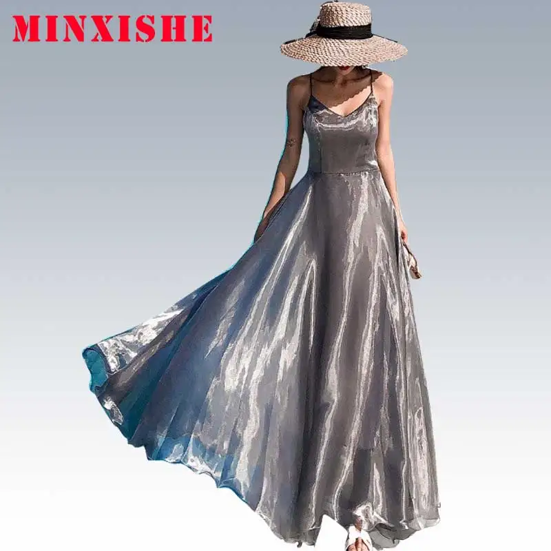 

Summe new Women Dress 2019 Sexy Bodycon Elegant Boho Maxi Backless Vintage beach party night v neck Sleeveless Long Silver Dress