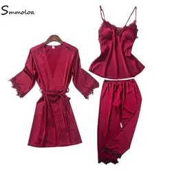 Smmoloa шелковые женские пижамы сексуальные Robers 3-piece костюмы Женщины Спагетти ремни топ + брюки