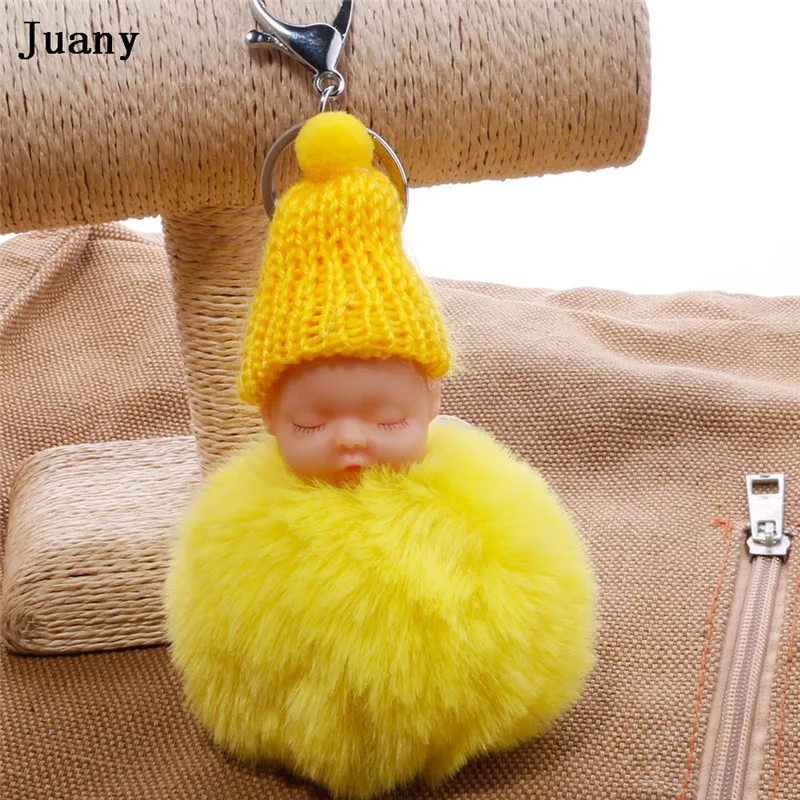 pompom key chain sleeping baby doll key chain pompom rabbit fur ball keychain car keyring women bag car pendant charm 10