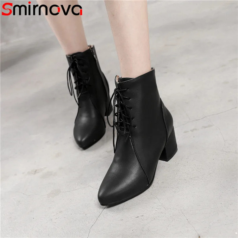

Smirnova 2018 hot sale ankle boots for women solid zipper high heel boots cross tied pointed toe square heels womens boots