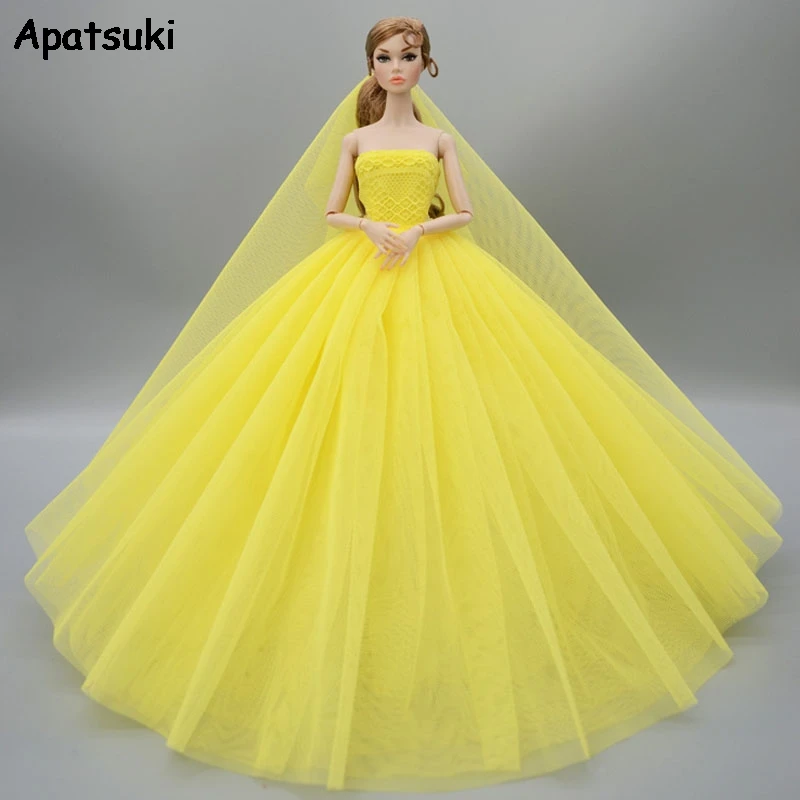 Yellow Fashion Doll Clothes For Barbie Dress High Quality Long Tail Evening Gown Wedding Dresses +Veil 1/6 Accessories | Игрушки и хобби