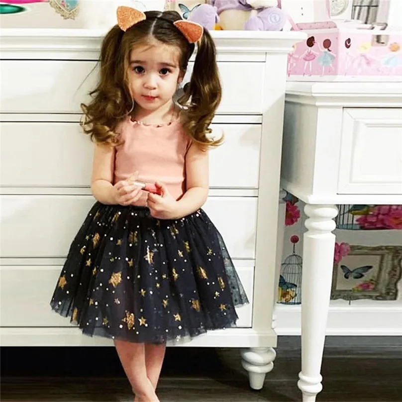 Платье для девочек из хлопка и полиэстера, коллекция года, детское праздничное платье принцессы без рукавов для маленьких девочек, в стиле пэчворк, со звездами, из тюля, robe fille 4JJ