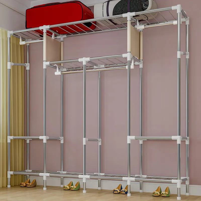 19MM Thicken Steel Pipe Simple Cloth Wardrobe Peach Skin Velvet Dust-proof Closet Storage Cabinet Home Furniture