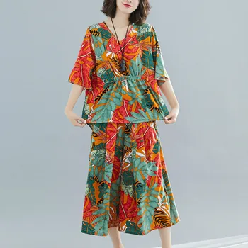 

Plus Size Women Sets Summer Big Size Loose Female Set Suits Cotton Lady Tops Shirt Long Pants Print Clothes Holiday 2019 LP295