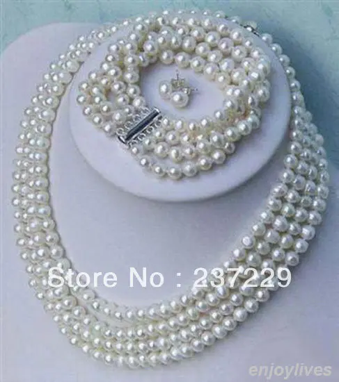

Wholesale price FREE SHIPPING ^^^^4 Rows Genuine 6-7 mm White Pearl 18KWGP Clasp Necklace Bracelet EarringsSet
