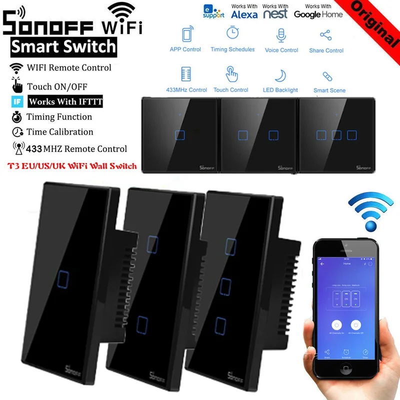 

Sonoff New T3US T3EU UK 120 Size 1/2/3 gang TX 433Mhz RF Remoted Controlled Wifi Switch With Border Works With Alexa Google Home