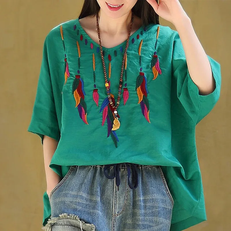 

Women's Cotton Linen Vintage Embroidery Tunic Blouse Black Loose V-neck Half Sleeve Shirt 2019 Summer Fashion Female Casual Top