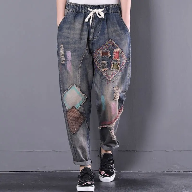 

Spring Fashion Women Jeans Vintage Embroidery Patchwork Loose Cotton Denim Harem Pants Ladies Drawstring Ripped Hole Jeans D98