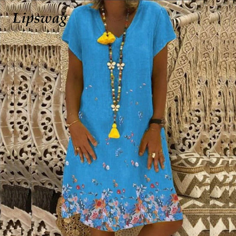 

Lipswag 5XL Women Casual Short Sleeve Boho Dress 2019 Summer Floral Print A-Line Dresses Vintage V-neck Plus Size Dress Femme