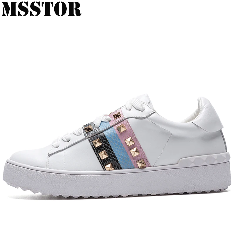 

MSSTOR 2018 Rivets Running Shoes For Women Walking White Womens Sport Shoes Woman Brand Athletic Genuine Leather Ladies Sneakers