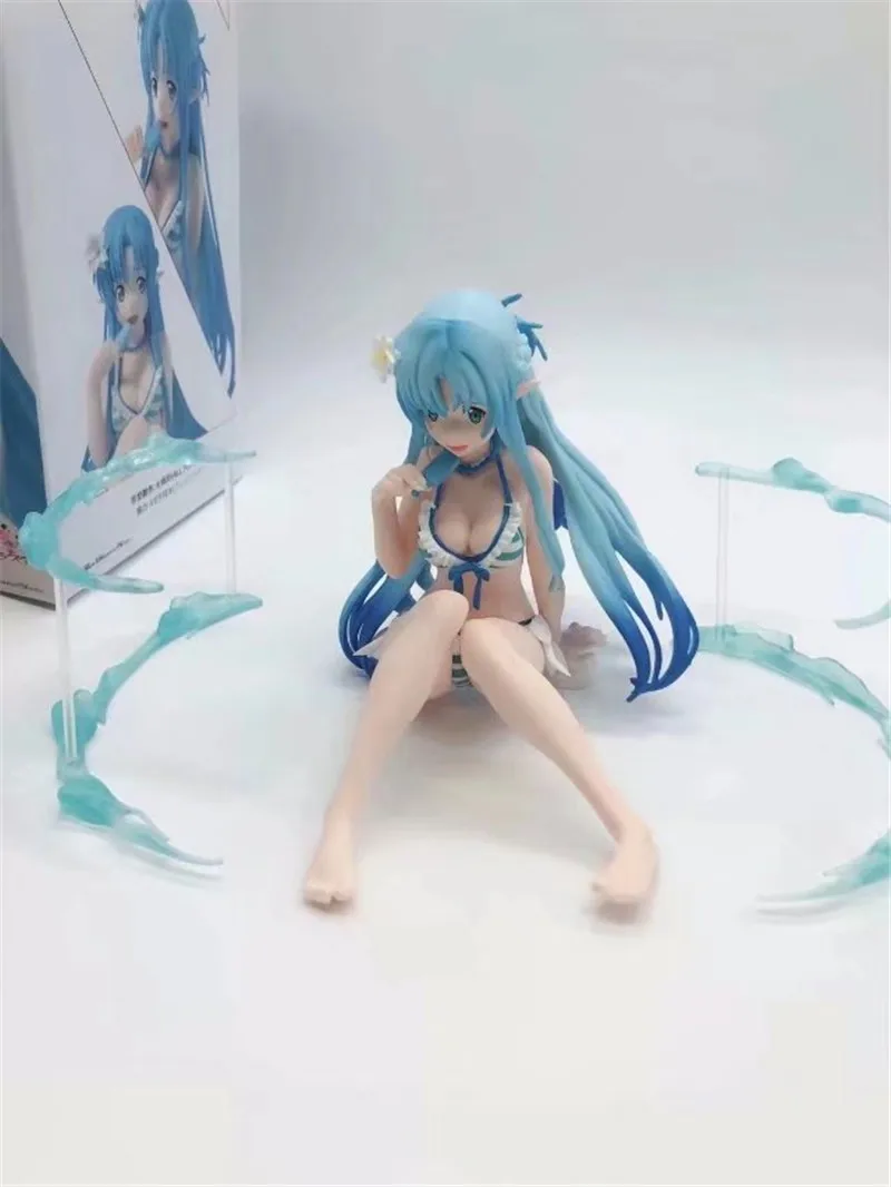 Anime Sword Art Online Asuna PVC Action Figure Toys Sitting Asuna in Blue Swimsuit Sexy Girl Figuras Dolls Brinquedos 13cm