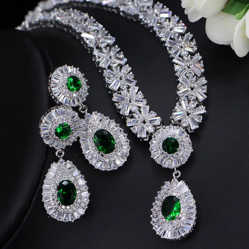 BeaQueen Luxury CZ Stone Paved Red Garnet Austria Crystal Statement Necklace Earrings for Women Wedding Jewelry Set JS059 - Окраска металла: Silver Green