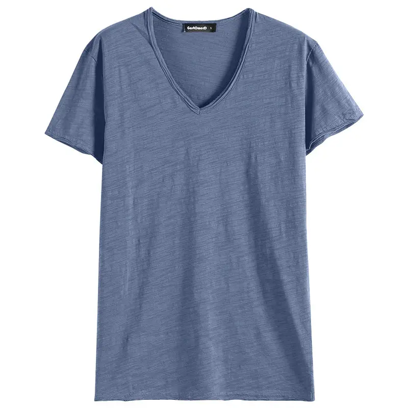 GustOmerD брендовая футболка мужская с v-образным вырезом Приталенная футболка из чистого хлопка модная футболка с коротким рукавом мужские топы Повседневная футболка M-XXL - Цвет: grey blue
