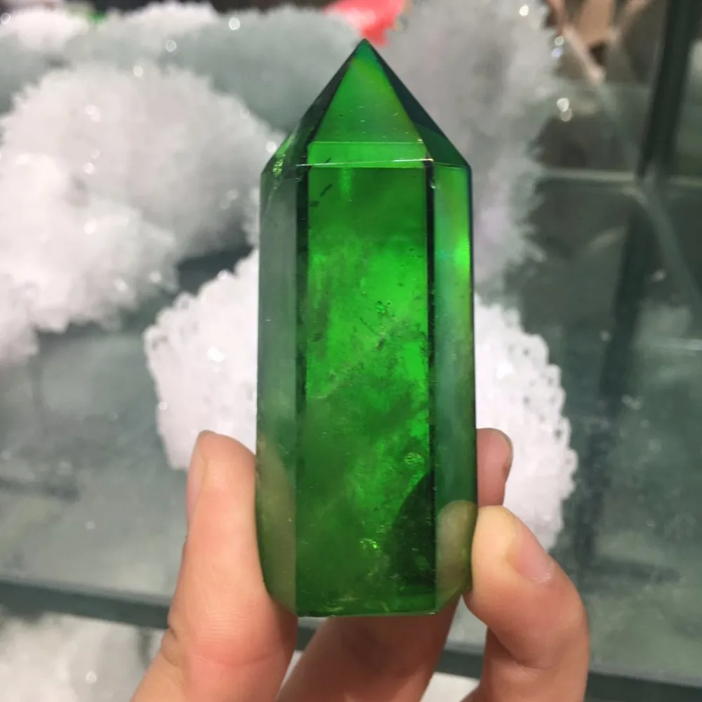 

Angel Aura Quartz Green Titanium Bismuth Coated Crystal Wand Point Healing Crystal Hexagonal Prism Stone Figurine Specimen