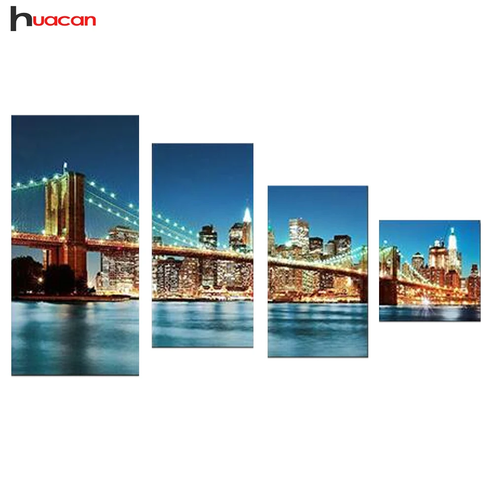 

HUACAN 5D DIY Diamond Painting Night Views Needlework Cross Stitch Pictures of Rhinestones for Living Room Bridge Scenery