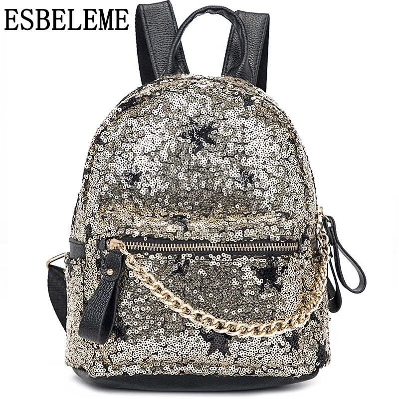 

2019 hot sale women mini backpack with sequins female PU leather black gold silver ladies fashion small zipper backpack YG363