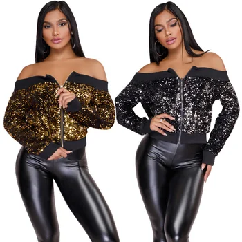 

New 2018 Women Ladies Sequins Long Sleeve Off the Shoulder Coat Zipper Jacket Sweatshirt Jumper Pullover