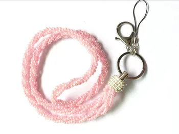 

1pcs Pink Color New Arrive Lady's Pearl Mobile Phone Lanyard Strap Decorative Bling Crystal ID Neck Lanyards Key Holder