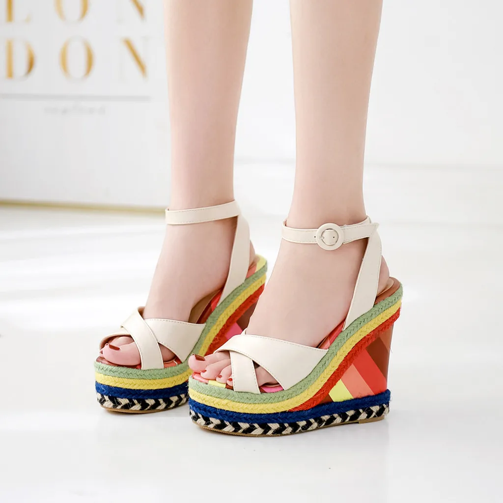 

2019 Summer Sexy Bohemia Rainbow Peep Toe Platform Sandals For Womens Ladies Solid Buckle Strap Wedges Sandal Shoes High Heels
