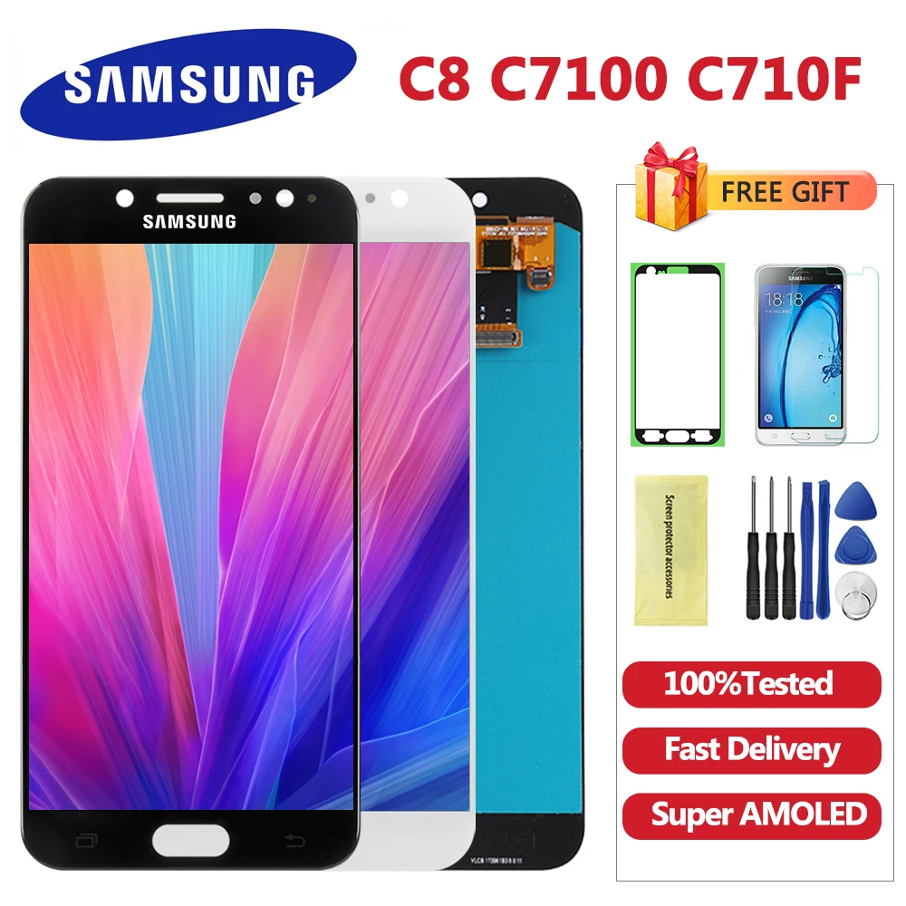 

100% Display 5.5'' SUPER AMOLED LCD Replacement for SAMSUNG Galaxy C8 C7100 C710F Display Touch Screen Digitizer Assembly