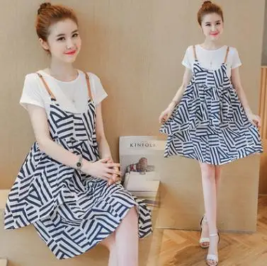 Maternity Suits 2018 Summer Geometric Stripe Pattern Strap Dress + Short-sleeved T-shirt  Clothes for Pregnant Women QL8808