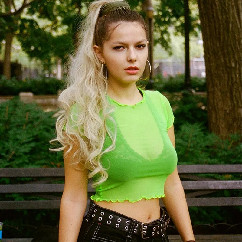 

Mesh gauze sexy short T-shirt fluorescent Night club T-shirt women's shirt retro trend solid color shirt